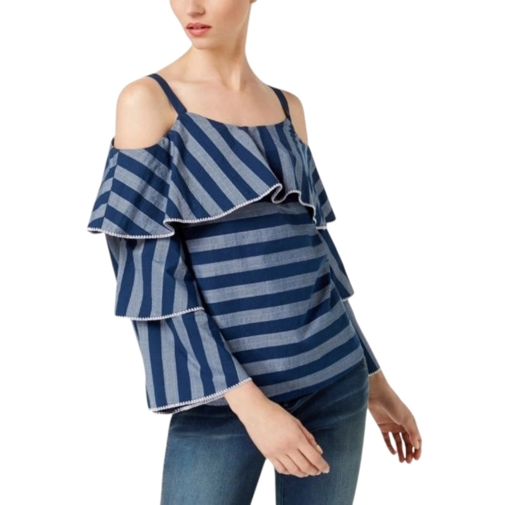 INC Women L Blue Tiered Sleeve Boho Gypsy NWOT